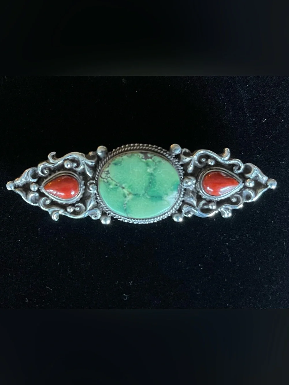 Vintage Sterling Silver Scrollwork Pin w Green Turquoise and Teardrop Red Coral